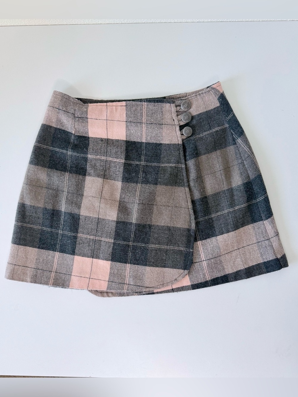 Contempo Casuals Vintage 90s Plaid Wrap Skirt Pink Gray Wool Blend Size 5 EUC